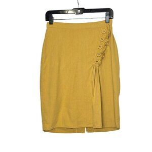 Burlapp Mustard Yellow Button‎ Accent Womens Lined Skirt Size 4 Cotton Linen